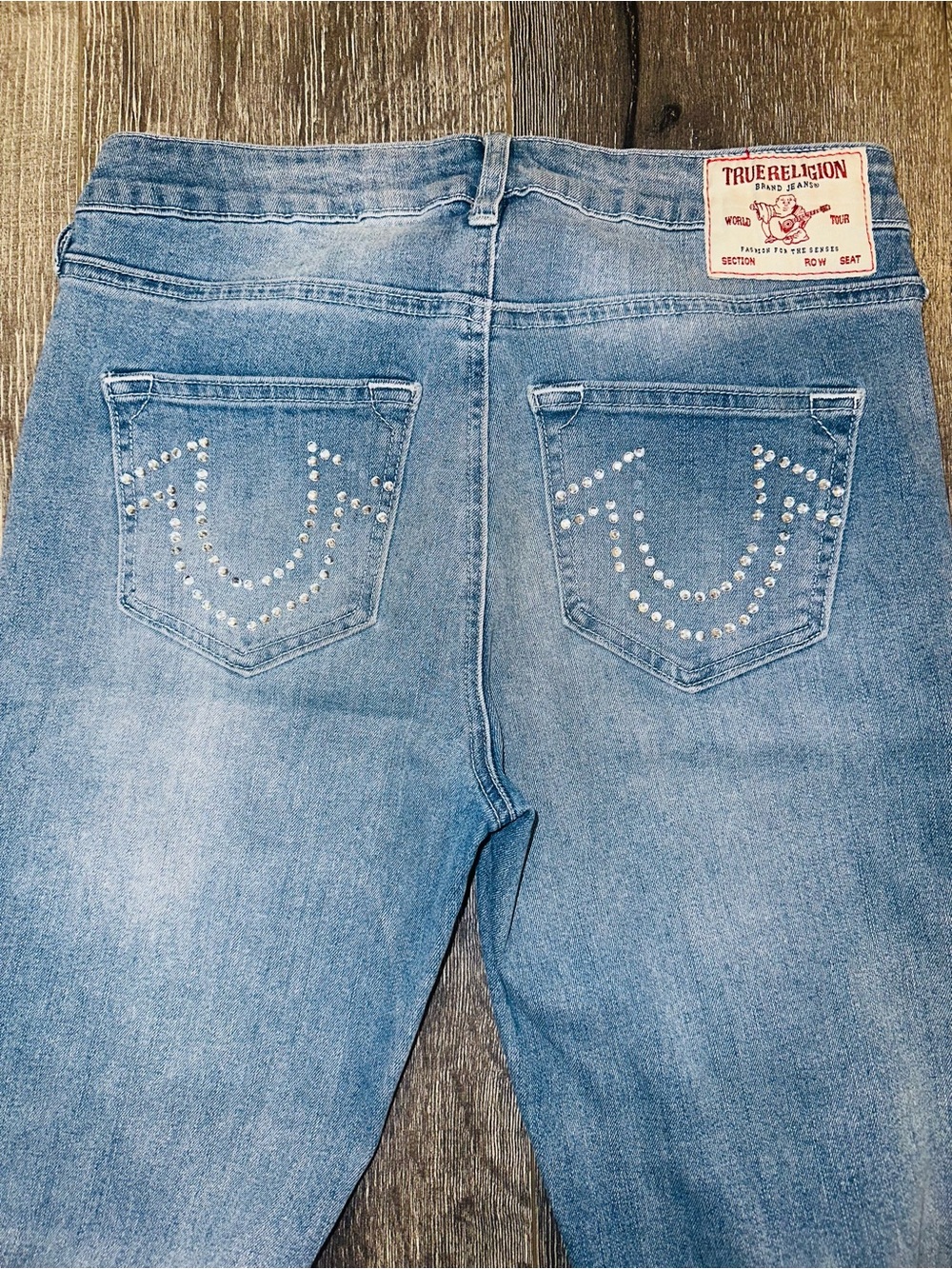 True Religion Women's Becca Midrise Light Blue Rhinestone Pocket Bootcut Jeans